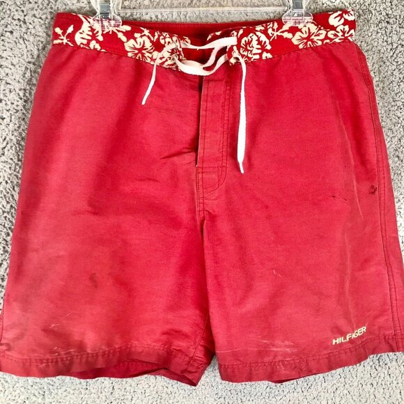 2003 Y2K Vintage Mens Tommy Hilfiger Nylon Red Hawaiian Board Shorts Size M - Picture 2 of 6